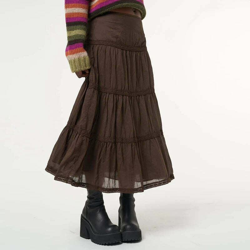Mocha Lace Pleated Skirt: Y2K Fashion with Coquette Aesthetic, Grunge Style, and Pastel Goth Vibes