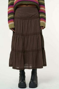 Mocha Lace Pleated Skirt: Y2K Fashion with Coquette Aesthetic, Grunge Style, and Pastel Goth Vibes