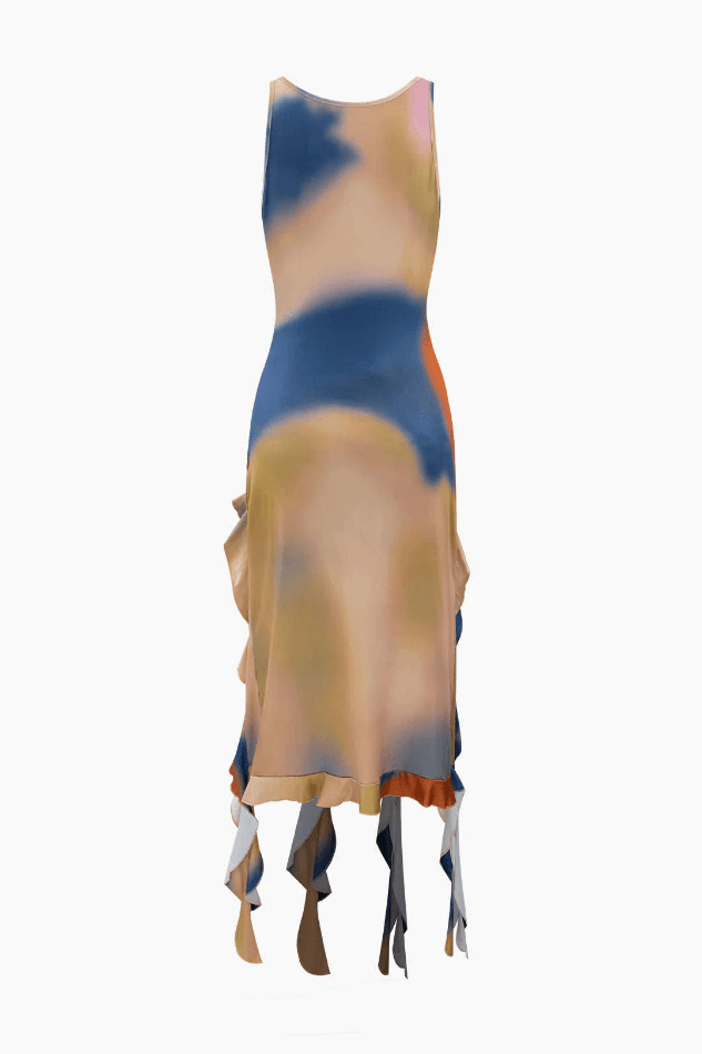 Multicolor Print Square Neck Maxi Dress with Frill Hem - Y2K Fashion Aesthetic for Women