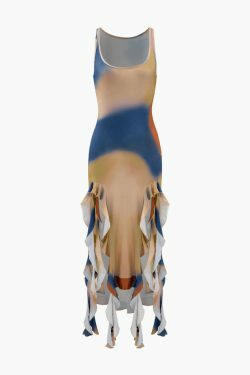 Multicolor Print Square Neck Maxi Dress with Frill Hem - Y2K Fashion Aesthetic for Women