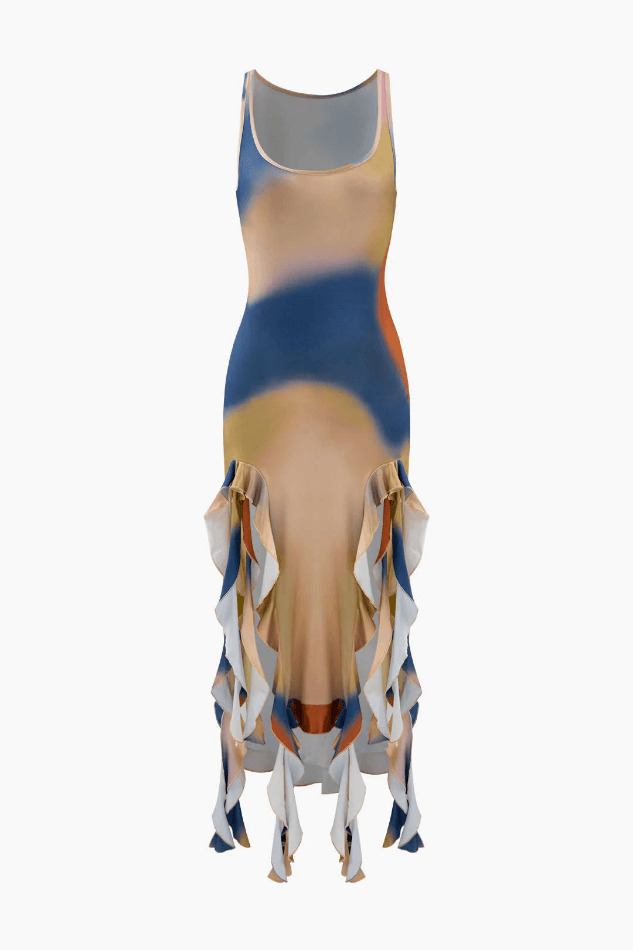 Multicolor Print Square Neck Maxi Dress with Frill Hem - Y2K Fashion Aesthetic for Women