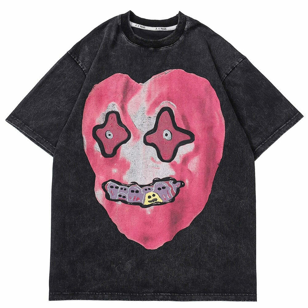 Nightmare Heart Acid Washed Graphic Tee - Y2K Fashion Aesthetic Top for Women