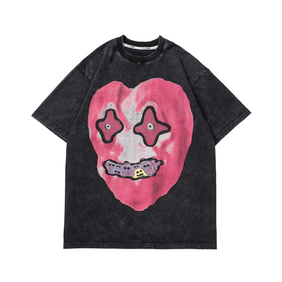 Nightmare Heart Acid Washed Graphic Tee - Y2K Fashion Aesthetic Top for Women