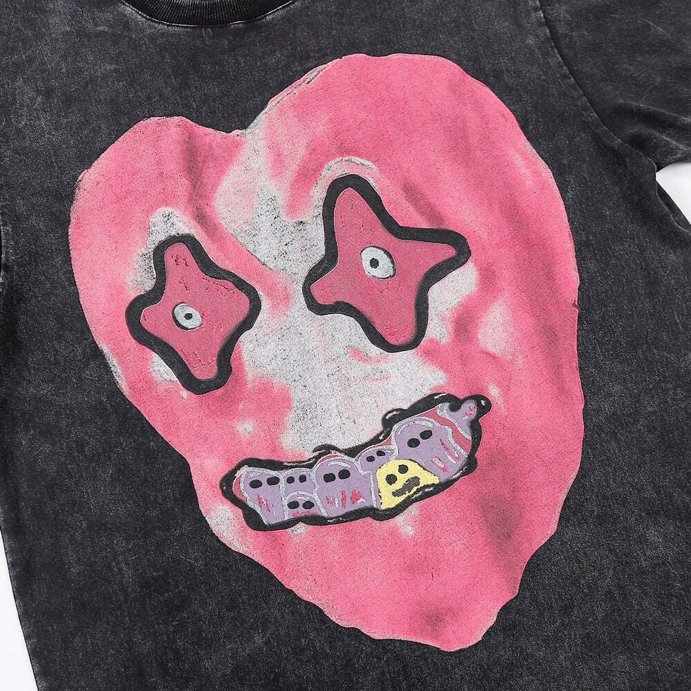 Nightmare Heart Acid Washed Graphic Tee - Y2K Fashion Aesthetic Top for Women