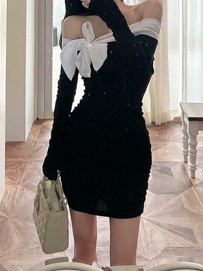 Off-Shoulder Two Tone Bow Ruched Mini Dress - Y2K Fashion Aesthetic