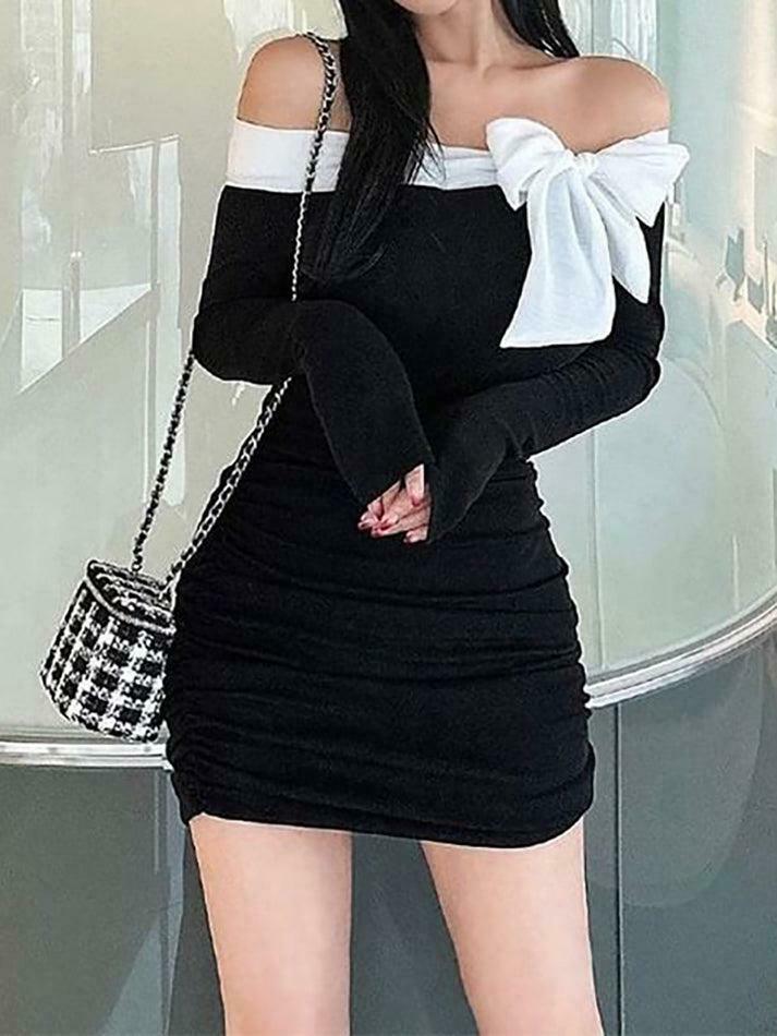 Off-Shoulder Two Tone Bow Ruched Mini Dress - Y2K Fashion Aesthetic