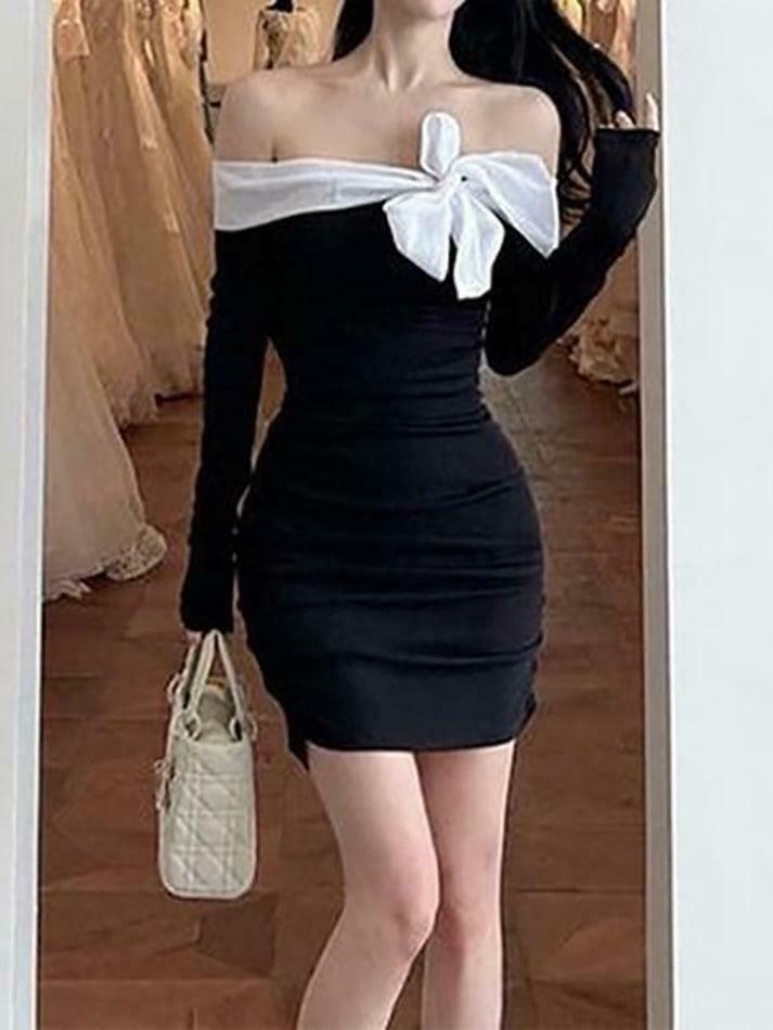 Off-Shoulder Two Tone Bow Ruched Mini Dress - Y2K Fashion Aesthetic