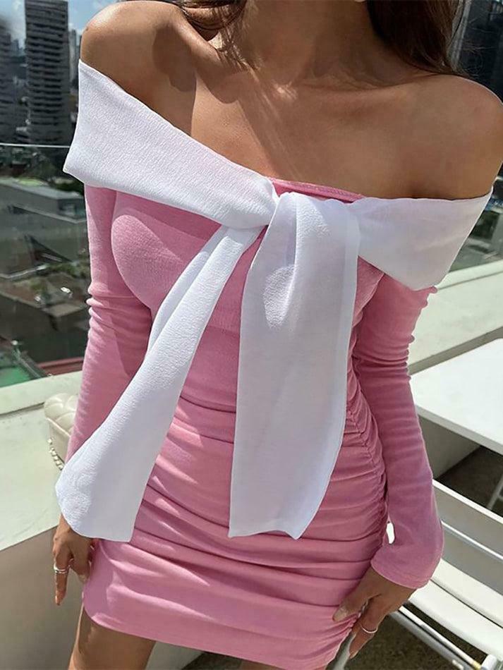 Off-Shoulder Two Tone Bow Ruched Mini Dress - Y2K Fashion Aesthetic