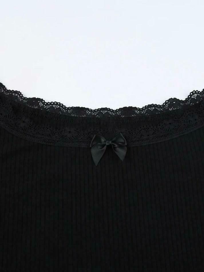 Off Shoulder Lace Splice Bow Long Sleeve Tee - Y2K Fashion Coquette Aesthetic Grunge Style Cute Tops
