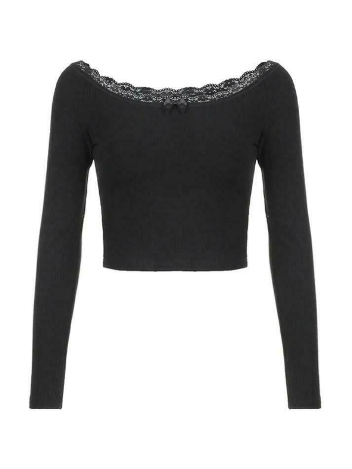 Off Shoulder Lace Splice Bow Long Sleeve Tee - Y2K Fashion Coquette Aesthetic Grunge Style Cute Tops