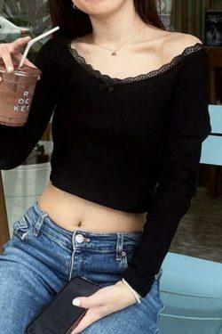 Off Shoulder Lace Splice Bow Long Sleeve Tee - Y2K Fashion Coquette Aesthetic Grunge Style Cute Tops