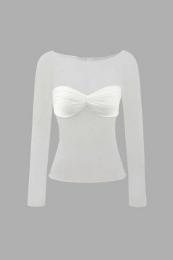 Off Shoulder Sheer Sleeve Ruched Bust Top - Y2K Fashion Coquette Aesthetic Grunge Style Cute Tops
