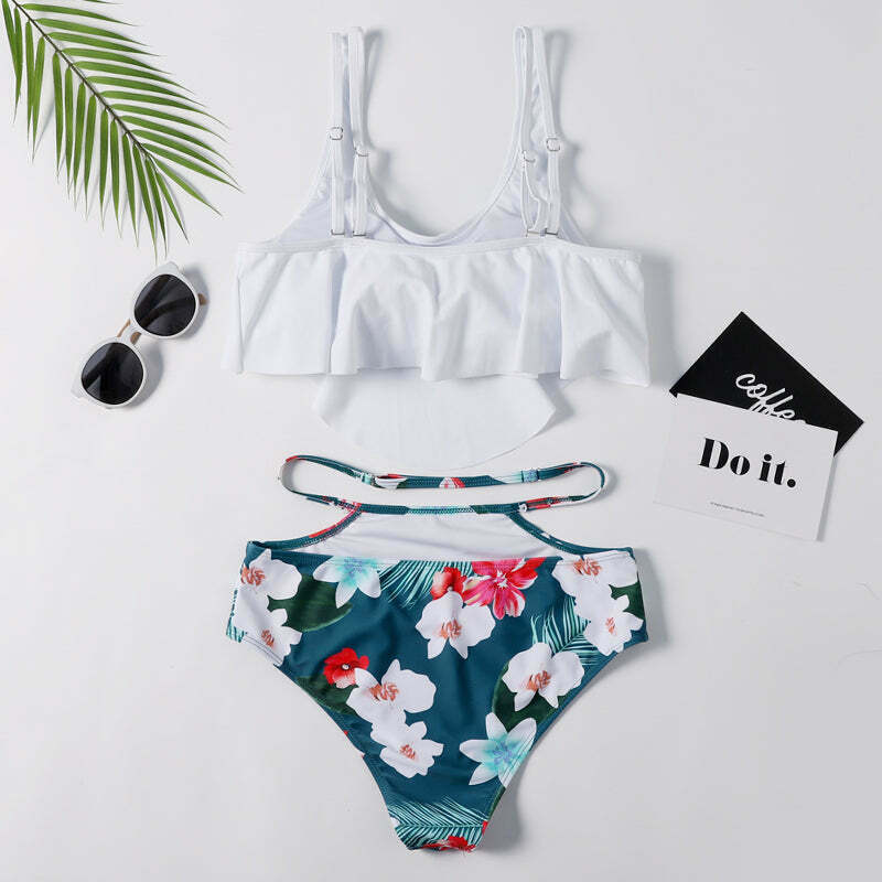 Off The Shoulder White Leaf Print Bikini Set - Y2K Fashion Swimwear for Women