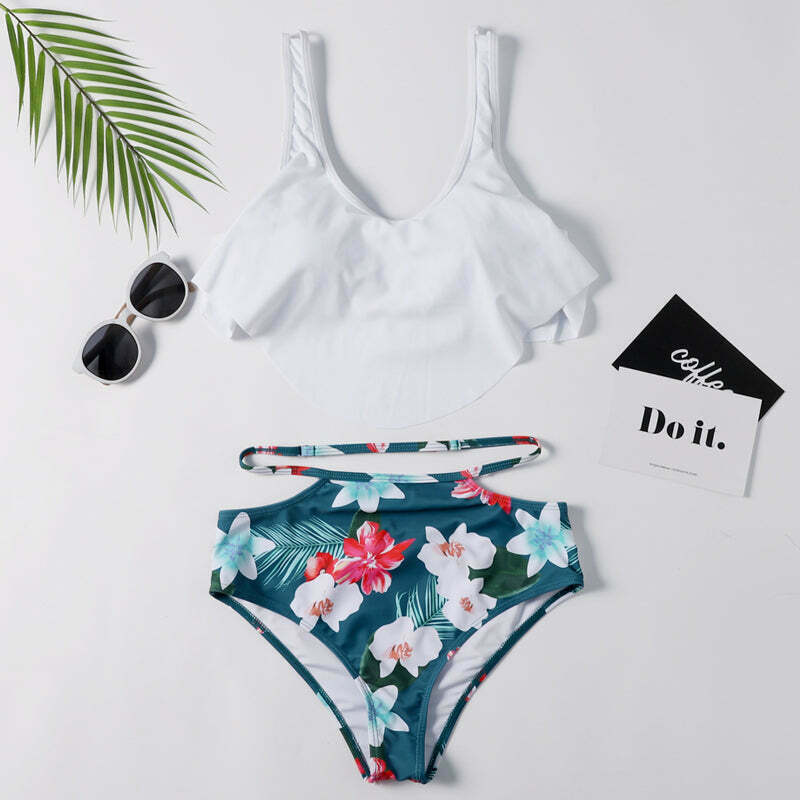 Off The Shoulder White Leaf Print Bikini Set - Y2K Fashion Swimwear for Women