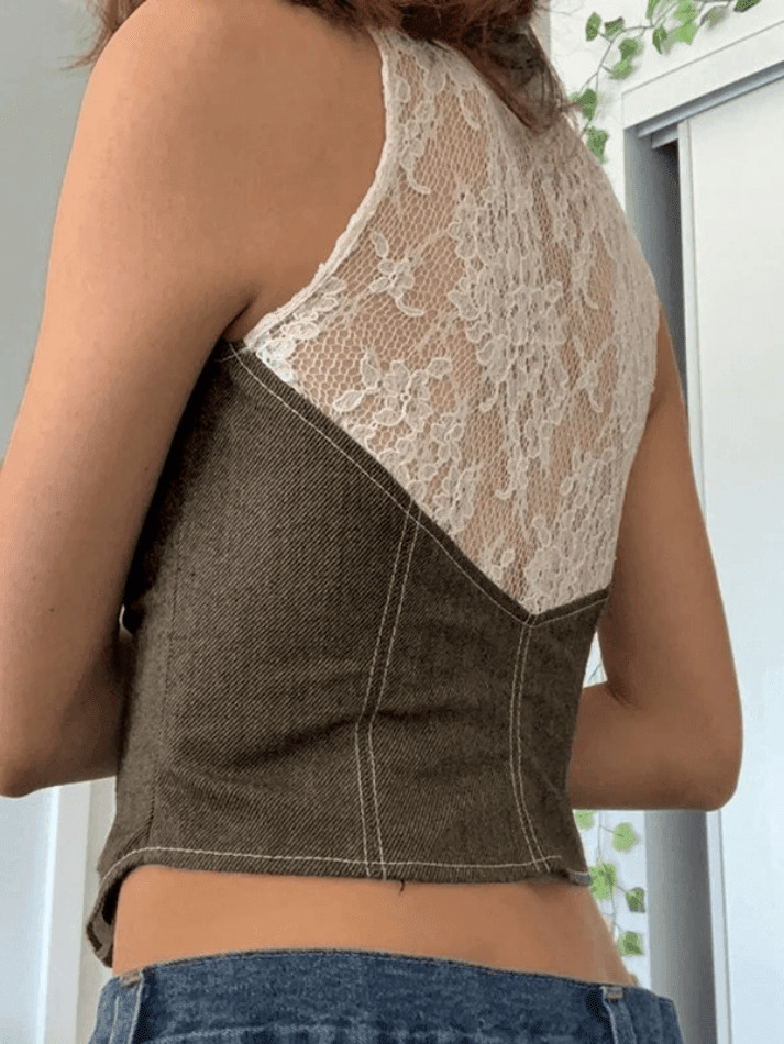 Paneled Lace Button Front Corset Top - Y2K Fashion Coquette Aesthetic Grunge Style