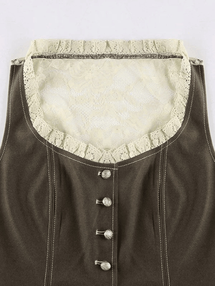 Paneled Lace Button Front Corset Top - Y2K Fashion Coquette Aesthetic Grunge Style