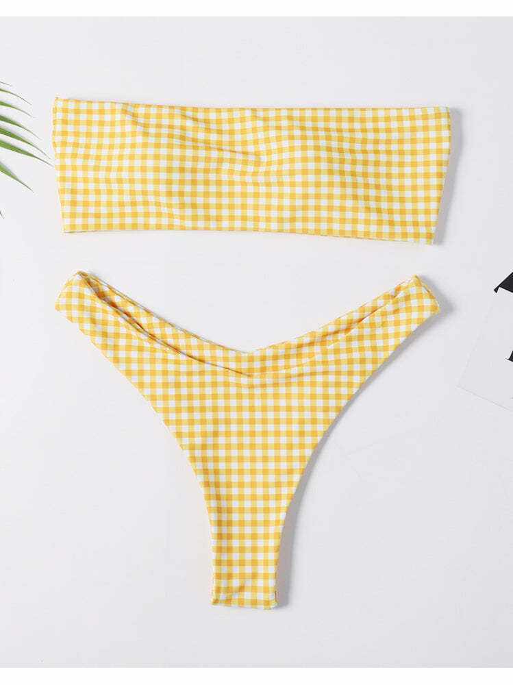 Pastel Goth Cargo Skirt & Yellow High Rise Bandeau Bikini Set - Y2K Fashion Aesthetic