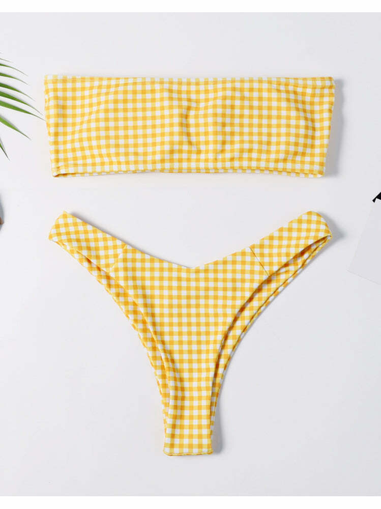 Pastel Goth Cargo Skirt & Yellow High Rise Bandeau Bikini Set - Y2K Fashion Aesthetic