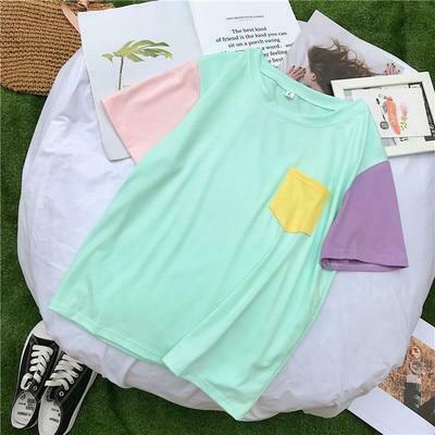 Pastel Patches T-Shirt: Y2K Fashion with Coquette & Grunge Aesthetics, Cute Tops & Cargo Skirt Vibes
