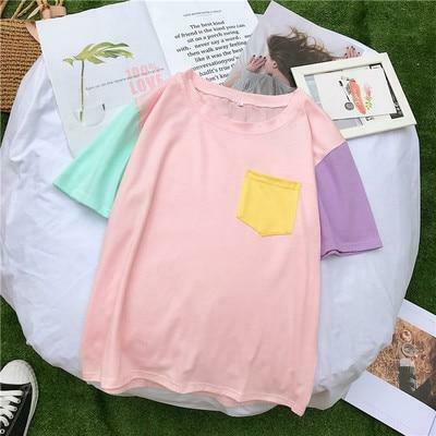 Pastel Patches T-Shirt: Y2K Fashion with Coquette & Grunge Aesthetics, Cute Tops & Cargo Skirt Vibes