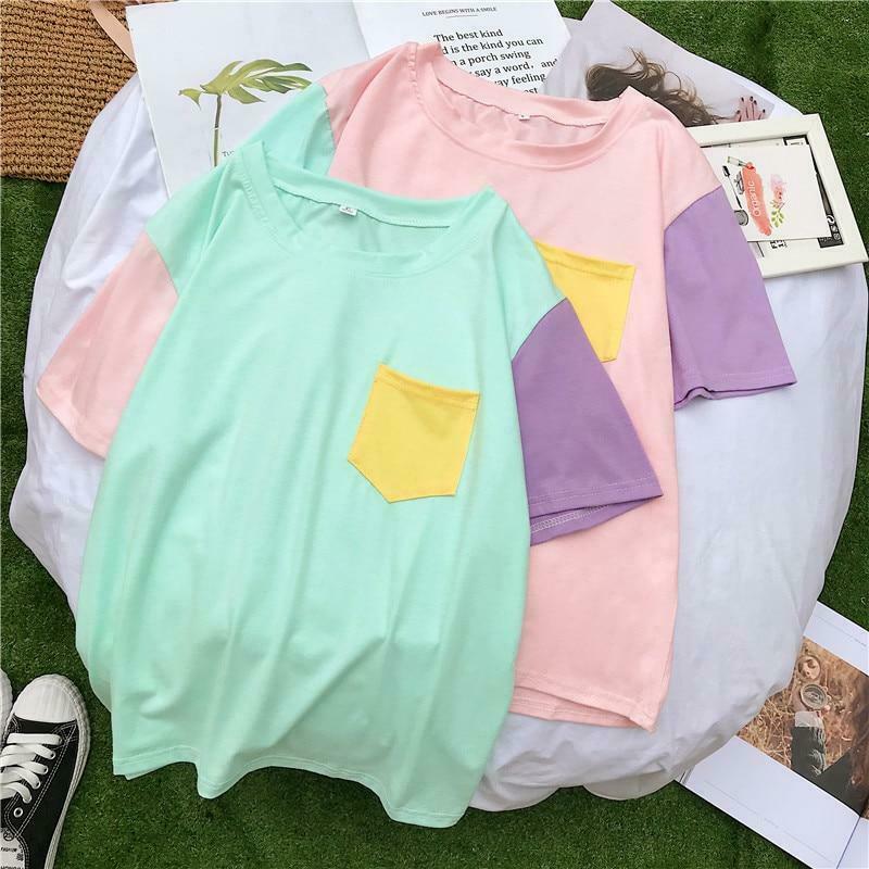 Pastel Patches T-Shirt: Y2K Fashion with Coquette & Grunge Aesthetics, Cute Tops & Cargo Skirt Vibes