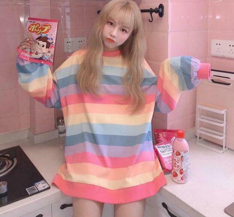 Pastel Rainbow Jumper: Y2K Aesthetic Top - Coquette Style with Grunge Twist