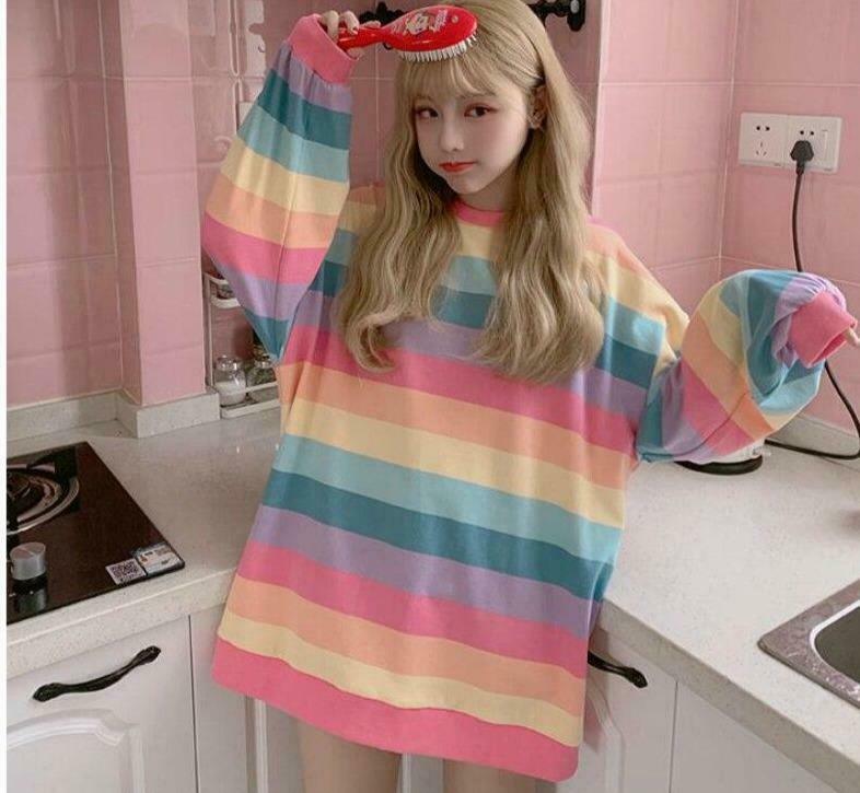 Pastel Rainbow Jumper: Y2K Aesthetic Top - Coquette Style with Grunge Twist