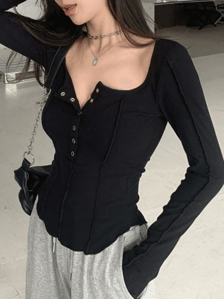 Patchwork Button Down Knit Top - Y2K Fashion Aesthetic with Coquette and Grunge Style
