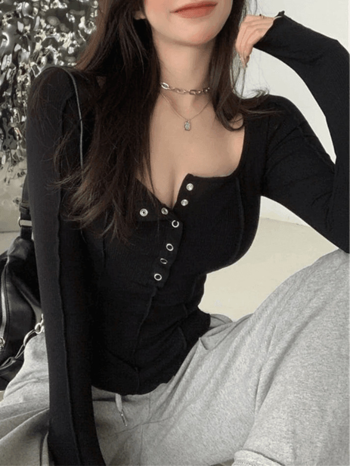 Patchwork Button Down Knit Top - Y2K Fashion Aesthetic with Coquette and Grunge Style
