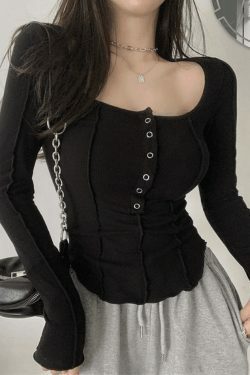 Patchwork Button Down Knit Top - Y2K Fashion Aesthetic with Coquette and Grunge Style
