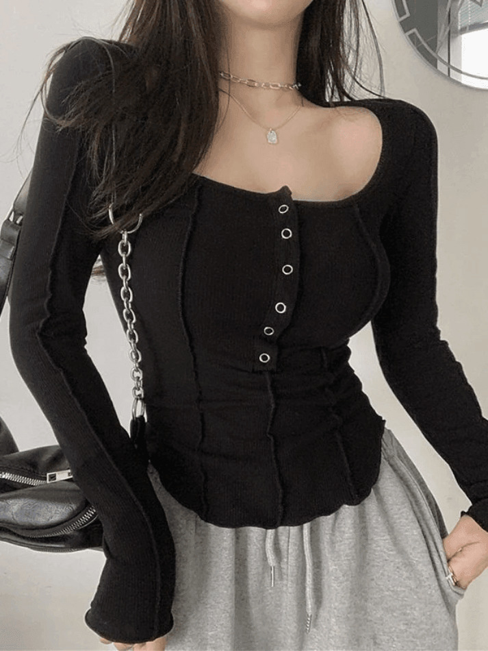 Patchwork Button Down Knit Top - Y2K Fashion Aesthetic with Coquette and Grunge Style