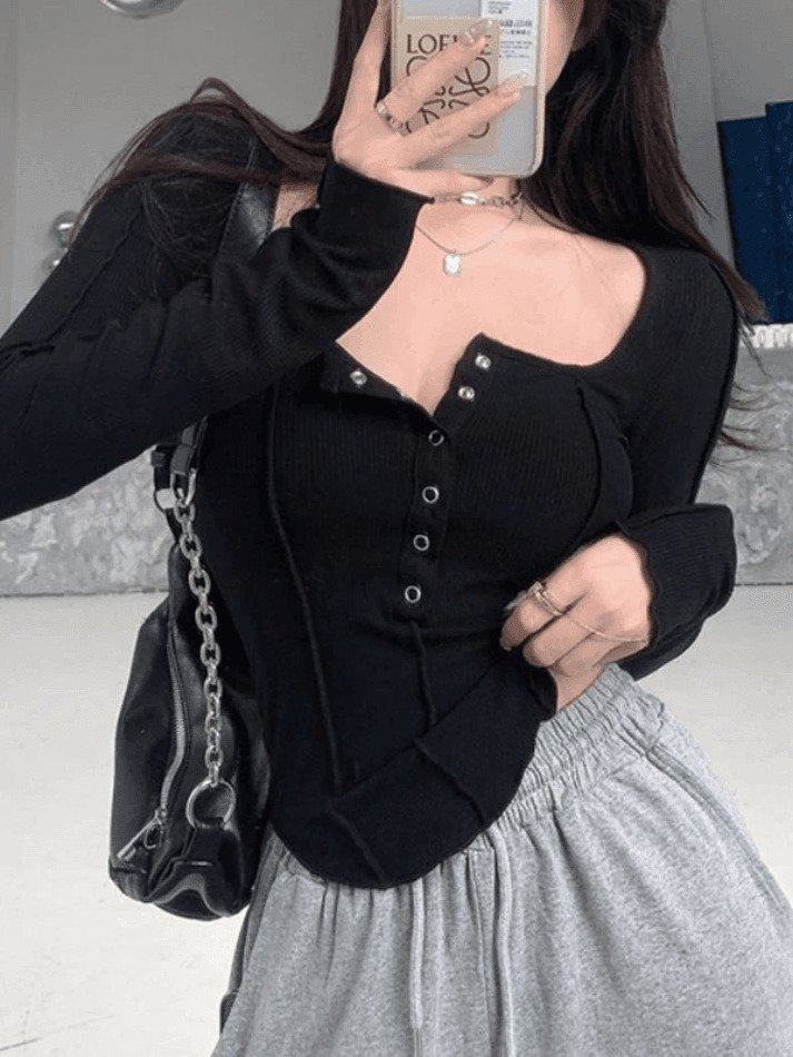Patchwork Button Down Knit Top - Y2K Fashion Aesthetic with Coquette and Grunge Style