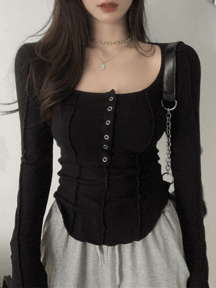 Patchwork Button Down Knit Top - Y2K Fashion Aesthetic with Coquette and Grunge Style