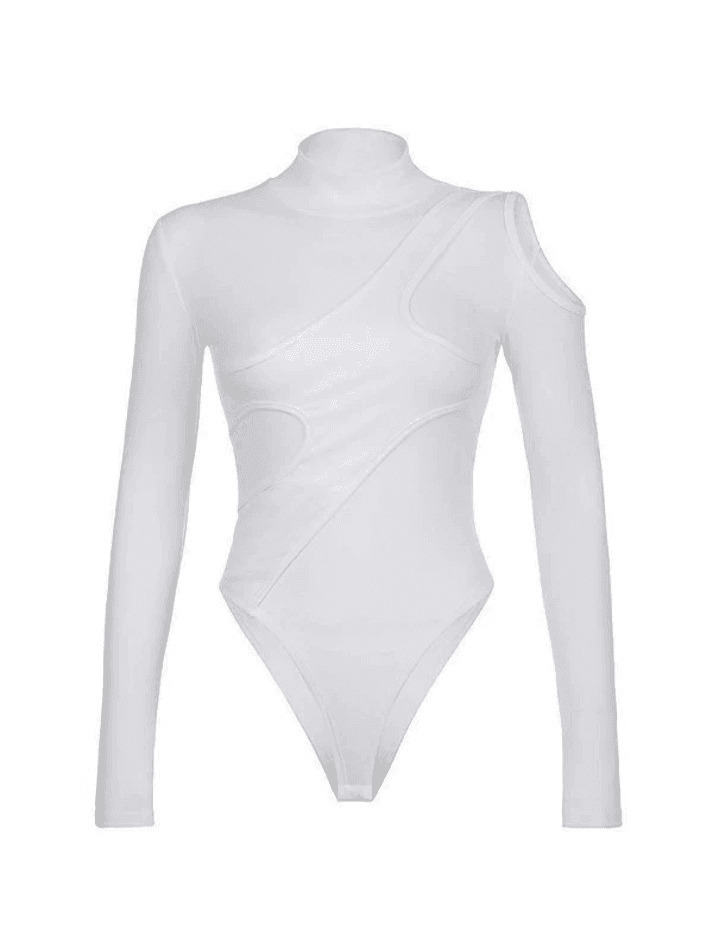 Patchwork Cutout White Long Sleeve Bodysuit - Y2K Fashion Coquette Aesthetic Grunge Style