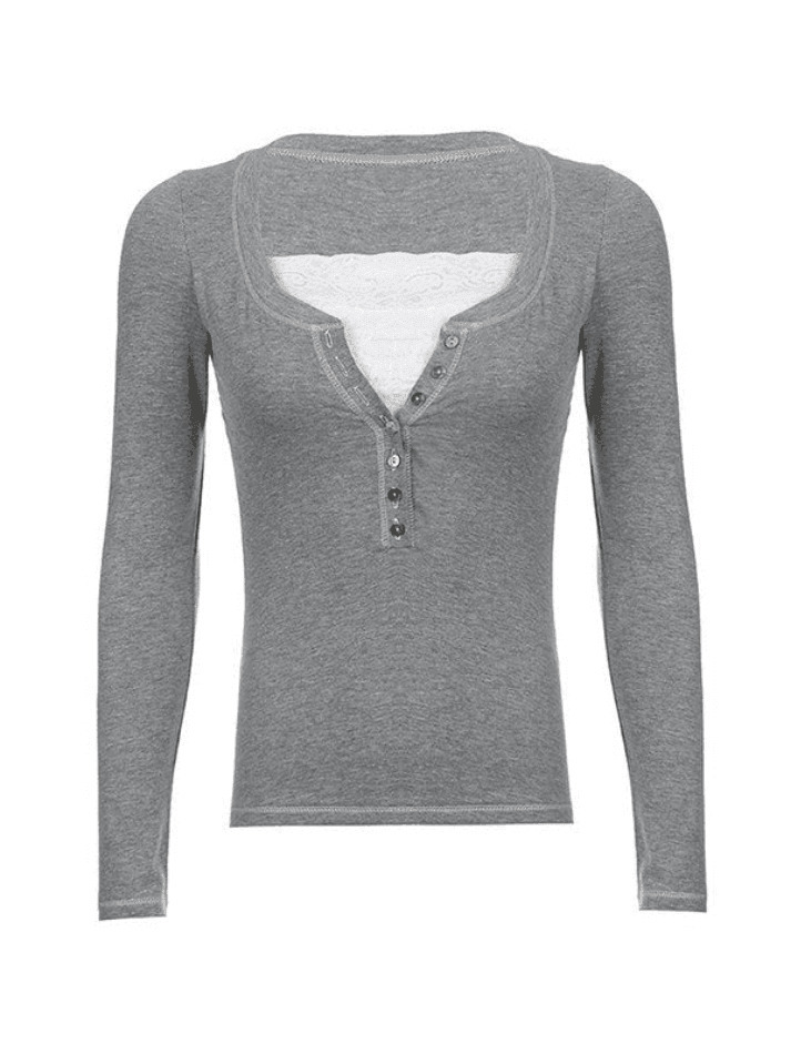 Patchwork Lace Buttoned Tee: Y2K Fashion Top with Coquette Aesthetic & Grunge Vibes