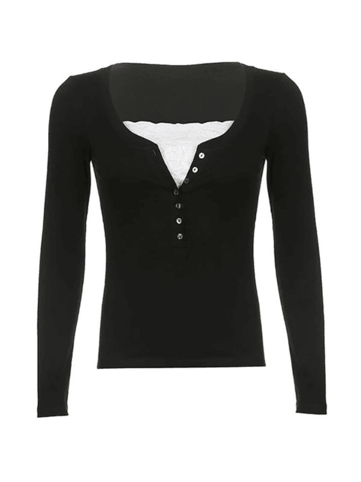 Patchwork Lace Buttoned Tee: Y2K Fashion Top with Coquette Aesthetic & Grunge Vibes