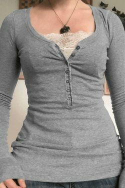 Patchwork Lace Buttoned Tee: Y2K Fashion Top with Coquette Aesthetic & Grunge Vibes