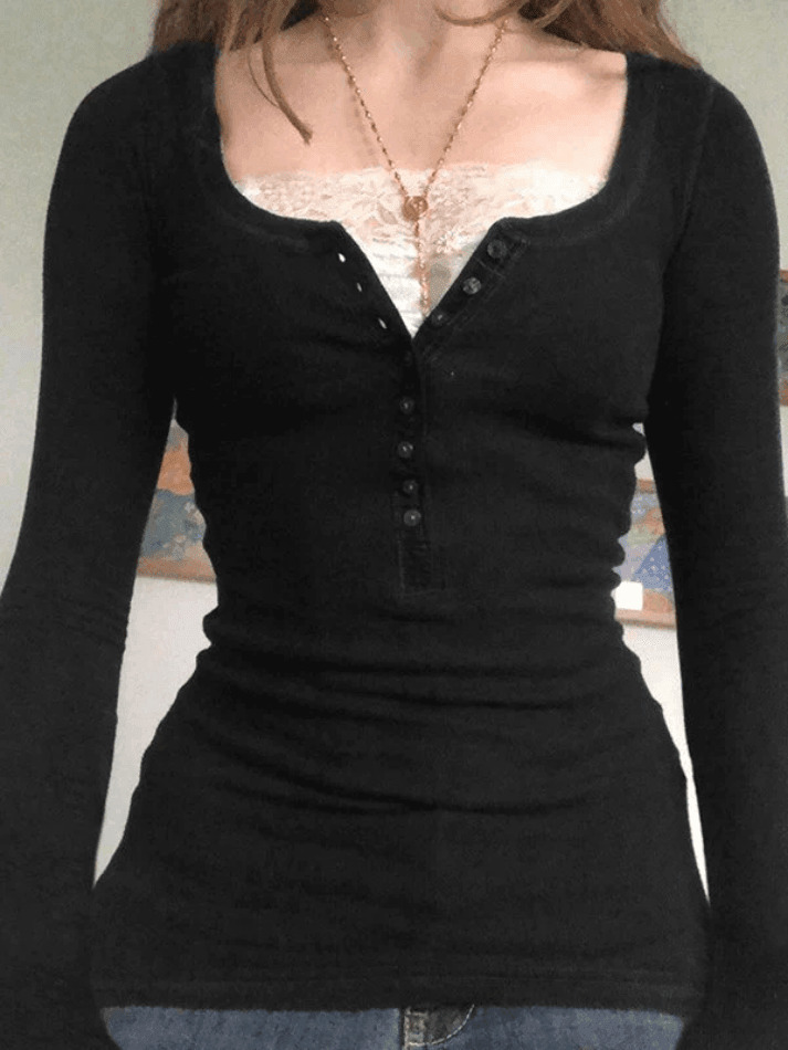 Patchwork Lace Buttoned Tee: Y2K Fashion Top with Coquette Aesthetic & Grunge Vibes