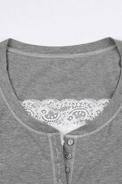 Patchwork Lace Buttoned Tee: Y2K Fashion Top with Coquette Aesthetic & Grunge Vibes