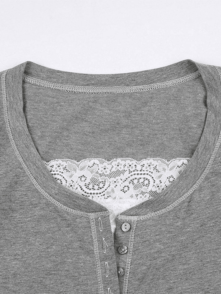 Patchwork Lace Buttoned Tee: Y2K Fashion Top with Coquette Aesthetic & Grunge Vibes