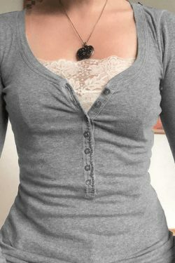 Patchwork Lace Buttoned Tee: Y2K Fashion Top with Coquette Aesthetic & Grunge Vibes