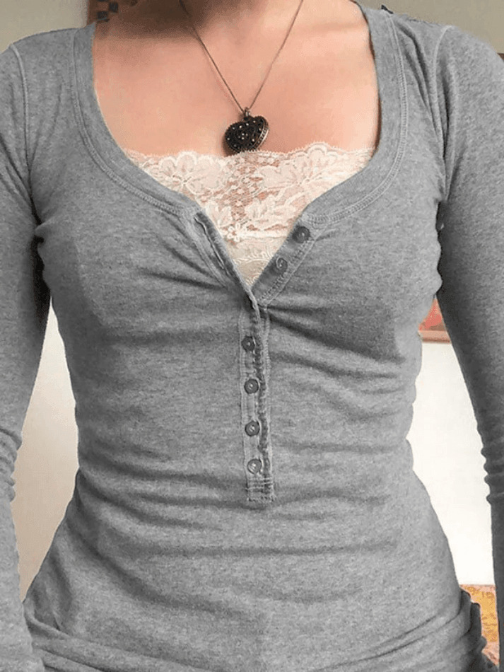 Patchwork Lace Buttoned Tee: Y2K Fashion Top with Coquette Aesthetic & Grunge Vibes