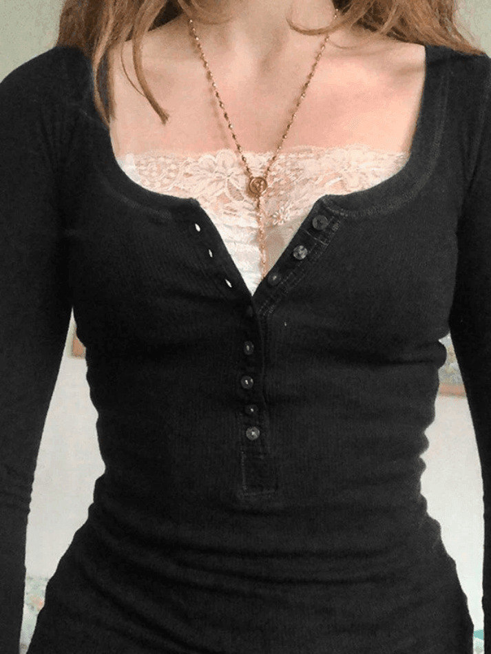 Patchwork Lace Buttoned Tee: Y2K Fashion Top with Coquette Aesthetic & Grunge Vibes