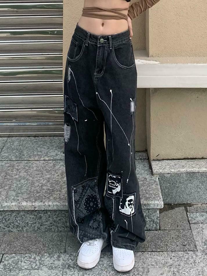 Patchwork Paisley Print Boyfriend Jeans - Y2K Fashion Statement - Coquette Aesthetic with