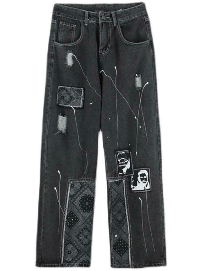 Patchwork Paisley Print Boyfriend Jeans - Y2K Fashion Statement - Coquette Aesthetic with