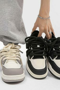 Phat Lace Sneakers - Cloud White/Black, Y2K Aesthetic Shoes for Women, Grunge Style Footwear