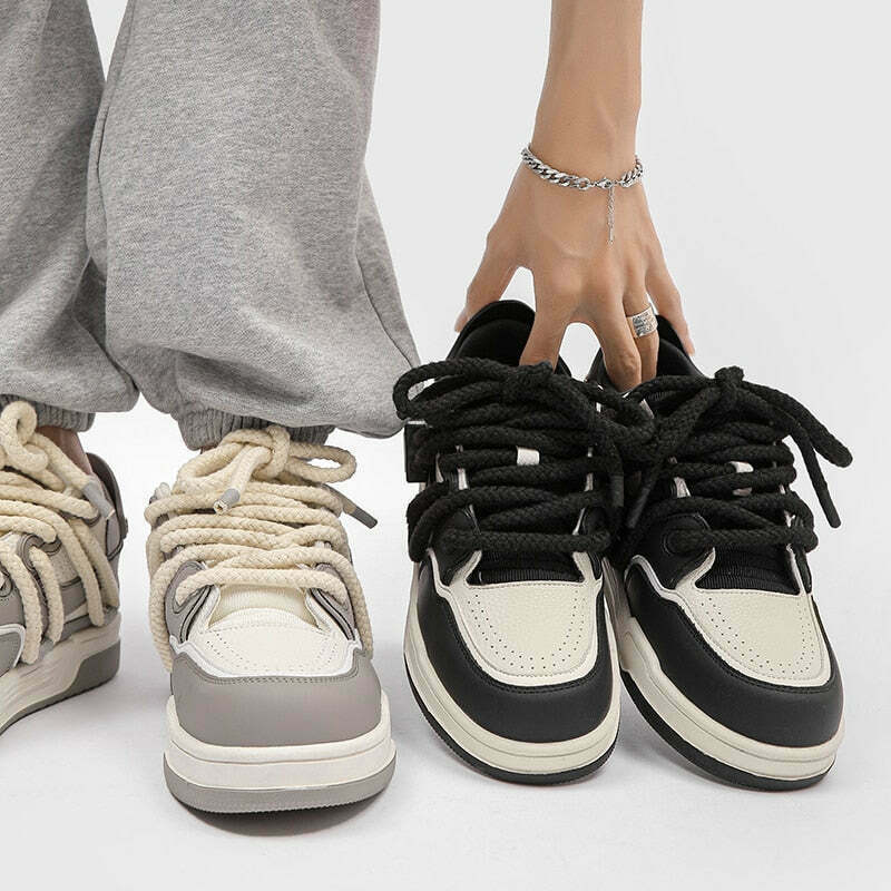 Phat Lace Sneakers - Cloud White/Black, Y2K Aesthetic Shoes for Women, Grunge Style Footwear