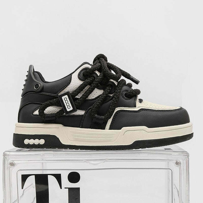 Phat Lace Sneakers - Cloud White/Black, Y2K Aesthetic Shoes for Women, Grunge Style Footwear