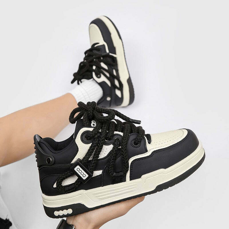 Phat Lace Sneakers - Cloud White/Black, Y2K Aesthetic Shoes for Women, Grunge Style Footwear