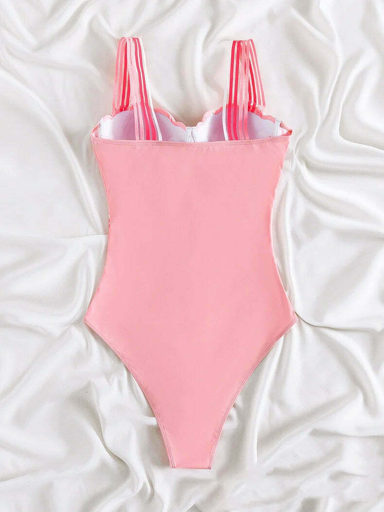 Pink One-Piece Strap Bikini for Y2K Aesthetic Fashionistas: Coquette, Grunge, and Pastel Goth Vibes